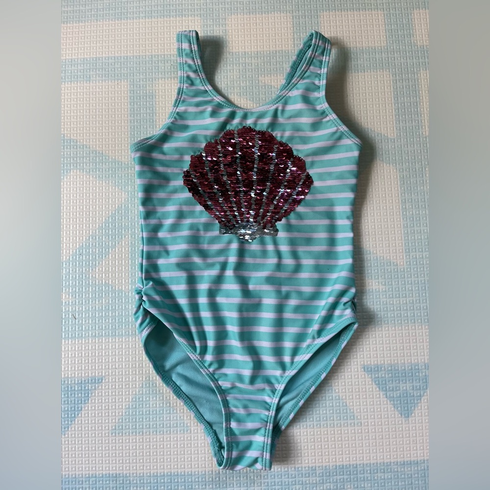 Striped Aqua Kids Swimsuit with Sequin Shell size girls 5